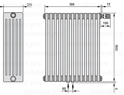 Схема (чертеж) Радиатор Zehnder Charleston 6180/13 №V008 Белый глянцевый RAL 9016